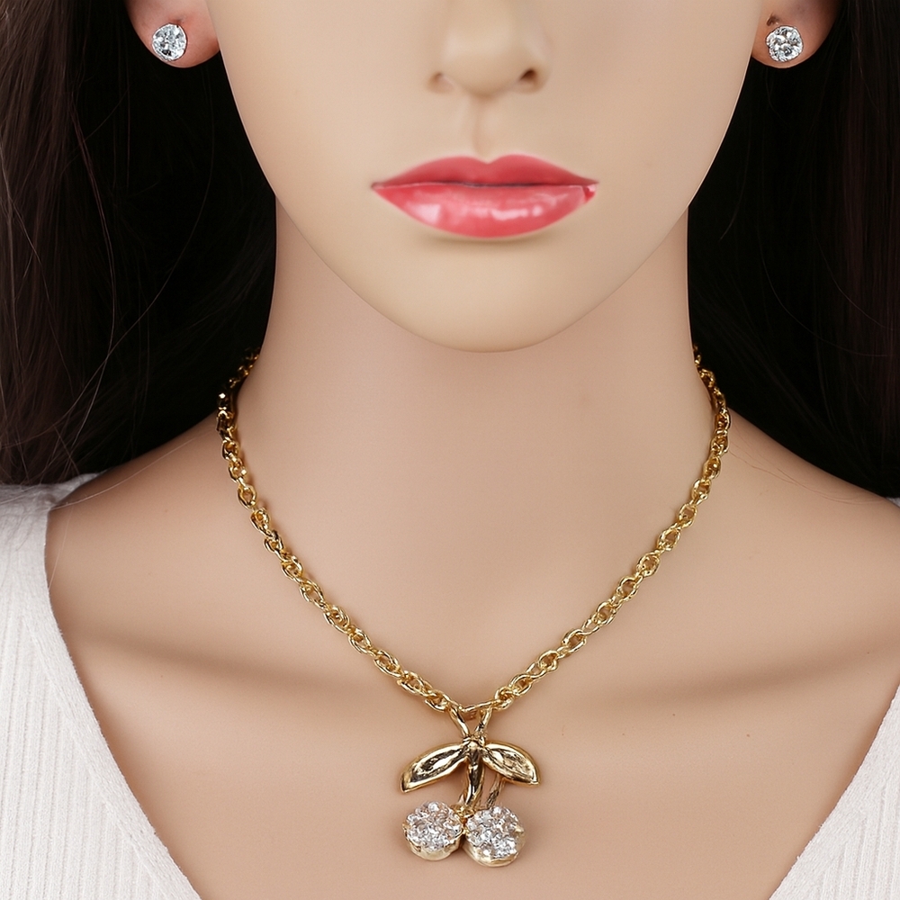 Women's Gold Cherry Pendant Necklace & Sparkle Crystal Stud Earrings – Jewelry